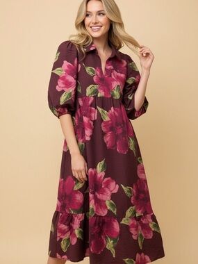 Women's Burgundy Floral Puff-Sleeve Midi Dress